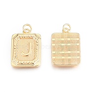 Brass Pendants, with Jump Rings, Cadmium Free & Nickel Free & Lead Free, Rectangle with Letter, Real 18K Gold Plated, Letter.J, 22.5x16x2mm, Jump Ring: 5x1mm, 3mm inner diameter(KK-N232-512J)