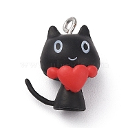 Opaque Resin Pendants, Cat Charms, with Platinum Tone Iron Loops, Black, 23x16x11mm, Hole: 2mm(RESI-C022-02A)