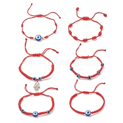 6Pcs 6 Style Resin Evil Eye Braided Bead Bracelets Set, Hamsa Hand Alloy Charm Adjustable Bracelets for Women, Red, Inner Diameter: 1-1/2~3 inch(3.9~7.5cm), 1Pc/style(BJEW-JB08340)