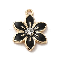 Flower Alloy Enamel Pendants, with Rhinestone, Light Gold, Black, 17x13x3mm, Hole: 1.5mm(ENAM-A007-06KCG-06)