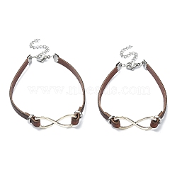 Infinity Tibetan Style Allloy Link Bracelets, with Leather Cord for Woman Men, Sienna, 7-3/8~ 8-1/4 inch(18.8~20.8cm), 2pcs/set(BJEW-JB09336-02)