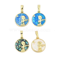 Brass Pendants, with Synthetic Opal, Long-Lasting Plated, Rack Plating, Lead Free & Cadmium Free, Flat Round with Elf, Mixed Color, Real 18K Gold Plated, 15x13x2.7mm, Hole: 3.5x6mm(KK-I723-03G)