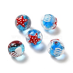 Handmade Lampwork Beads, Hand Drawn Beads, with Enamel, Round with Starfish & Jellyfish Pattern, Dodger Blue, 15~16.5mm, Hole: 1.2~2mm(LAMP-G162-04A)