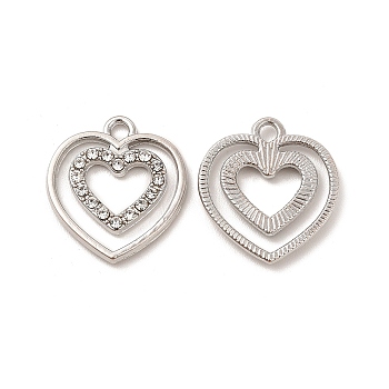 Alloy with Crystal Rhinestone Pendants, Heart Charms, Platinum, 19.5x18x2mm, Hole: 2mm