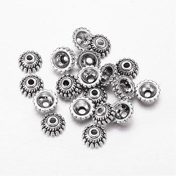 Tibetan Style Alloy Bead Caps, Lead Free & Cadmium Free, Cone, Antique Silver, about 8mm in diameter, 3mm thick, hole: 2mm, Inner Diameter: 5mm