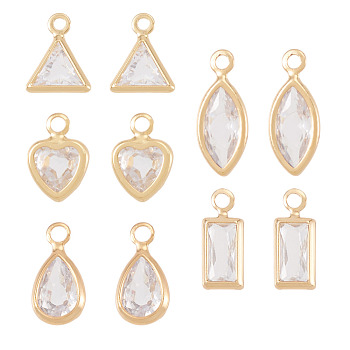 10Pcs 5 Styles Brass Cubic Zirconia Pendants, Nickel Free, Real 18K Gold Plated, Mixed Shapes, Clear, 8~11.5x3.5~6.5x2~3mm, Hole: 1~1.4mm, 2pcs/style