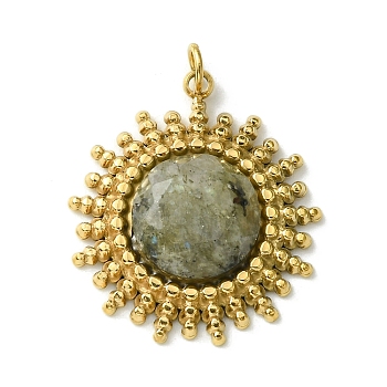 Ion Plating(IP) 304 Stainless Steel Pave Faceted Natural Labradorite Pendants, Sun Charms, Real 14K Gold Plated, 22x19.5x5mm
