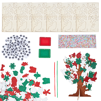 DIY Christmas Tree Display Decorations, Including Foam & Rhinestone Stickers, 3D Unfinished Wood Tree, Rectangle Felt Glitter Photo Frame Cards and Wiggle Googly Eyes Cabochons, Mixed Color, Wood Tree: 290x220x152mm