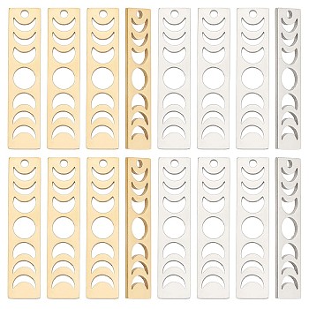 16Pcs 2 Colors 201 Stainless Steel Pendants, Laser Cut, Moon Phase Bar Charm, Golden & Stainless Steel Color, 35x8x1mm, Hole: 1.8mm, 8pcs/color