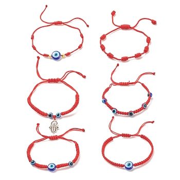 6Pcs 6 Style Resin Evil Eye Braided Bead Bracelets Set, Hamsa Hand Alloy Charm Adjustable Bracelets for Women, Red, Inner Diameter: 1-1/2~3 inch(3.9~7.5cm), 1Pc/style