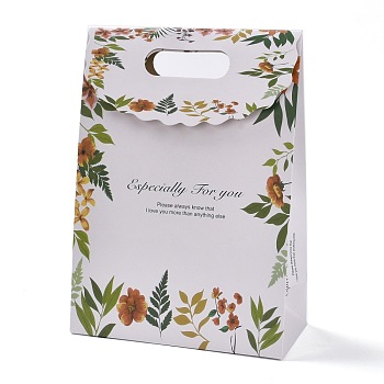 Rectangle Paper Flip Gift Bags, with Handle & Word & Leaf Pattern, Shopping Bags, White, 19x9.1x26.2cm