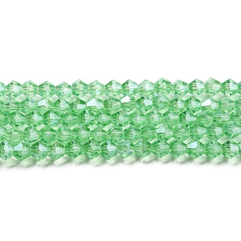 Transparent Electroplate Glass Beads Strands, Pearl Luster Plated, Faceted, Bicone, Light Green, 2.9~3.3x2.5mm, Hole: 0.7mm, about 145~150pcs/strand, 16.34~16.54 inch(41.5~42cm)