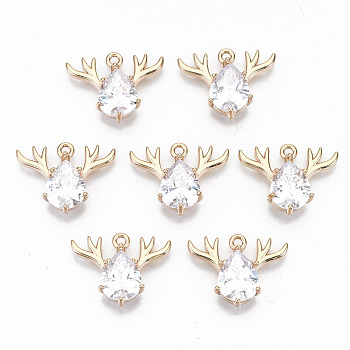 Brass Glass Rhinestone Pendants, Long-Lasting Plated, Cadmium Free & Lead Free, Christmas Reindeer/Stag, for Christmas, Light Gold, Crystal, 15x20x5mm, Hole: 1.5mm