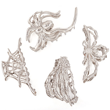 4Pcs 4 Style Halloween Alloy Claw Hair Clips for Women Girls, Spider/Spider Web/Skeleton Hand, Platinum, 41.5~60x86.5~110x33.5~47.5mm, 1pc/style