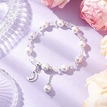 Shell Pearl & Glass Round Beaded Bracelets, Alloy Charms Bracelets for Women, Star & Moon, with Synthetic Moonstone & Hematite Beads, Moon, Inner Diameter: 2-1/4 inch(5.85cm), bead: 3.5~8.5x2.5~8mm, round: 31x8.5mm, moon: 17x11x1.5mm
