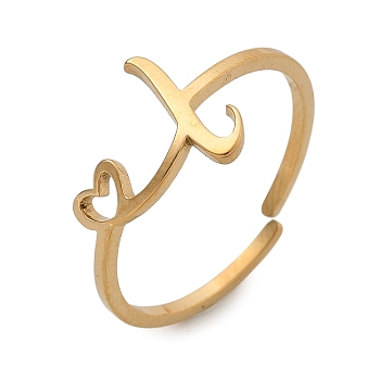 304 Stainless Steel Cuff Rings for Women, Heart with LetterA~Z, Real 18K Gold Plated, Letter L, 9.5mm, inner diameter: adjustable.