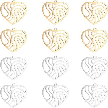 12Pcs 2 Colors 201 Stainless Steel Filigree Charms, Heart with Wavy, Golden & Stainless Steel Color, 22x22x1mm, Hole: 1.4mm, 6pcs/color