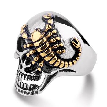 Two Tone 316L Surgical Stainless Steel Skull with Scorpion Finger Ring, Gothic Punk Jewelry for Men Women, Golden & Stainless Steel Color, US Size 8(18.1mm)