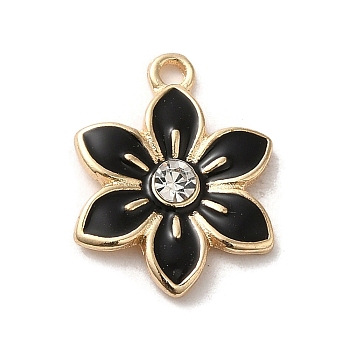 Flower Alloy Enamel Pendants, with Rhinestone, Light Gold, Black, 17x13x3mm, Hole: 1.5mm