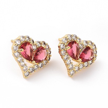 Cerise Cubic Zirconia Heart Stud Earrings, Brass Jewelry for Valentine's Day, Real 18K Gold Plated, 14.5x16.5mm, Pin: 0.7mm