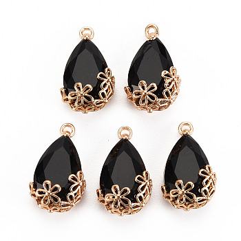 Transparent Glass Pendants, for DIY Jewelry Making, with Brass Findings, Faceted, Teardrop with Flower, Light Gold, Black, 16x9x6mm, Hole: 1.2mm