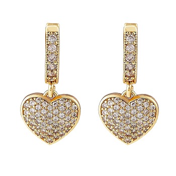Clear Cubic Zirconia Heart Dangle Hoop Earrings, Brass Jewelry for Women, Golden, 25mm, Pin: 0.9mm