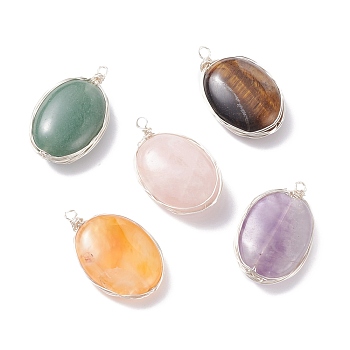 Natural Mixed Stone Pendants, with Silver Tone Brass Wire Wrapped, Oval, 32x19x8mm, Hole: 2mm
