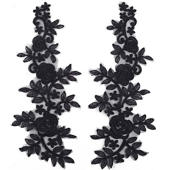 Polyester Embroidery Lace Appliques, Ornament Accessories for Cheongsam, Dress, Flower, Black, 360x145x1mm