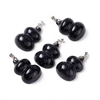 Synthetic Blue Goldstone Pendants, with Platinum Tone Brass Findings, Gourd Charm, 35x25x12mm, Hole: 4x4mm