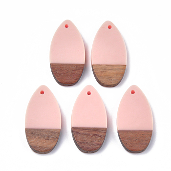 Resin & Wood Pendants, teardrop, Pink, 31x16x3.5~4mm, Hole: 1.5mm