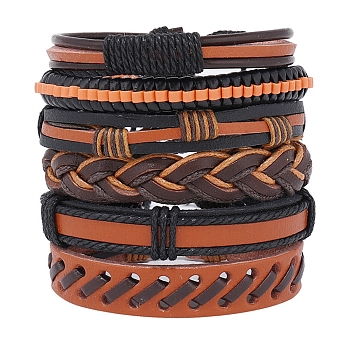 5Pcs 5 Style Adjustable Braided Imitation Leather Cord Bracelet Set with Waxed Cord for Men, Saddle Brown, Inner Diameter: 2-1/8~3-3/8 inch(5.5~8.5cm), 1Pc/style