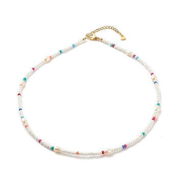 Natural Pearl & Glass Seed Beaded Necklace, Summer Jewelry for Women, Colorful, 16.93 inch(43cm)