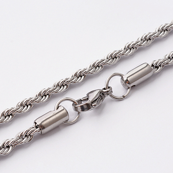 304 Stainless Steel Rope Chain Necklaces, with Lobster Claw Clasps, Stainless Steel Color, 20.7 inch(52.6cm)