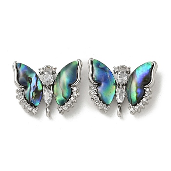 Brass Clear Cubic Zirconia Connector Charms, Natural Paua Shell Butterfly Links, Platinum, 16x20x4.5mm, Hole: 1.2mm