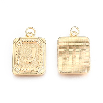 Brass Pendants, with Jump Rings, Cadmium Free & Nickel Free & Lead Free, Rectangle with Letter, Real 18K Gold Plated, Letter.J, 22.5x16x2mm, Jump Ring: 5x1mm, 3mm inner diameter