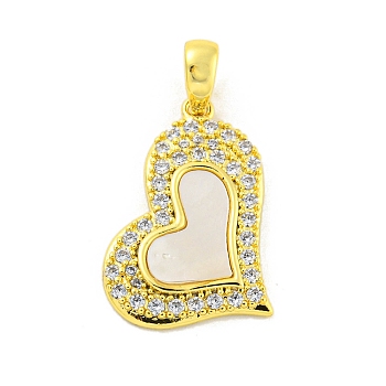 Shell Pendants, with Brass Micro Pave Clear Cubic Zirconia Pendants, Heart, Real 18K Gold Plated, 21x15x2mm, Hole: 5x3.5mm