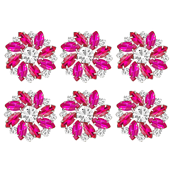 6Pcs Alloy Rhinestone Shank Buttons, 1-Hole, Flower, Silver, Fuchsia, 26.5x26x7mm, Hole: 1.6mm