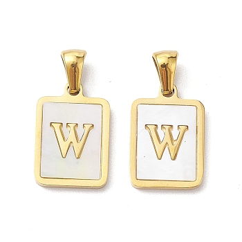 Ion Plating(IP) 304 Stainless Steel Pave Shell Pendants, Rectangle Charm, Real 18K Gold Plated, Letter W, 17.5x12x1.5mm, Hole: 3x5mm