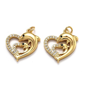 Brass Micro Pave Cubic Zirconia Pendants, Long-Lasting Plated, with Jump Rings, Heart, Golden, 20x19x4mm, Hole: 3mm