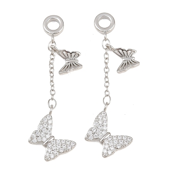 Brass Micro Pave Clear Cubic Zirconia Double Butterfly European Dangle Charms, Large Hole Pendants, Long-Lasting Plated, Rack Plating, Platinum, 52.5mm, Hole: 4.2mm