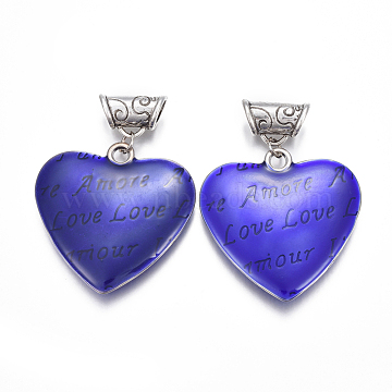 CCB Plastic Big Pendants, with Enamel, Heart with Word, Antique Silver, Blue, 52.5mm, Hole: 5.5mm(CCB-L009-01)
