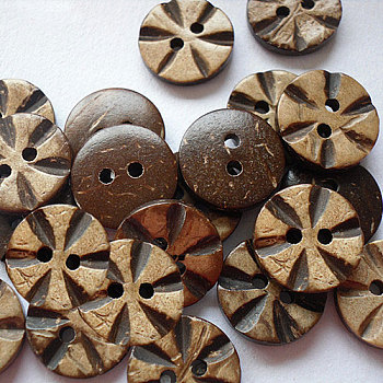 Carved 2-hole Basic Sewing Button Shaped in Flowers, Coconut Button, BurlyWood, 15mm in diameter