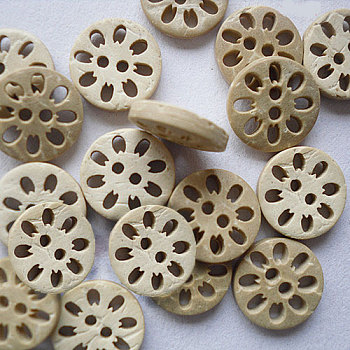 Carved Buttons with 2-Hole in Round Shape for Kids, Coconut Button, BurlyWood, 13mm