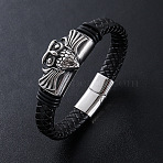 Braided PU Leather Bracelets, 304 Stainless Steel Owl Charm Bracelets for Men, with Magnetic Clasps, Antique Silver & Stainless Steel Color, 8.66 inch(22cm)(WG9474-1)