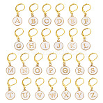 26Pcs Flat Round with Letter A~Z Alloy Enamel Pendant Locking Stitch Markers, with Brass Leverback Earring Findings, White, 3.1cm(HJEW-TAC0089)