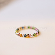 Natural Rainbow Tourmaline Round Beaded Finger Rings, Golden, US Size 6(16.5mm)(WGDC3AE-01)