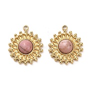 304 Stainless Steel Pave Natural Rhodonite Pendants, Sun Charms, Real 14K Gold Plated, 17.5x15x5mm, Hole: 1.4mm(STAS-L022-077G)