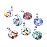Jesus Theme Glass Pendants, with 201 Stainless Steel Findings, Flat Round, Mixed Color, 26.5x22x6.5mm, Hole: 6x4mm(X-GLAA-R187-P)