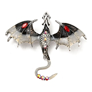 Dragon Enamel Pins, Antique Silver Alloy Rhinestone Brooch, Black, 61x70.5x10.5mm(X-JEWB-Q031-08AS-02)