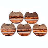 Resin & Walnut Wood Pendants, Gap Flat Round, Dark Orange, 34x37x3mm, Hole: 1.8mm(RESI-N025-014A-D01)